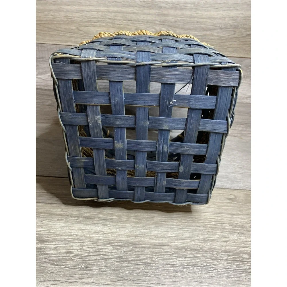 Vintage Bamboo Woven Basket Blue With Porcelain Handle